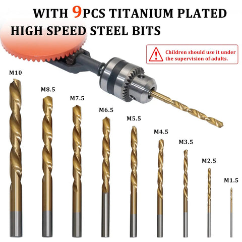Workhorse Hand Drill Kit Three Eighths Inch Manual Drill With Nine Piece High Speed Steel Bit Set Chuck And Key shown with 9 titanium bits