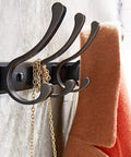 Heavy Duty Wall Mounted Coat Rack Holder To Keep Your Daily Gear Secure With Solid Zinc Alloy Entrance Hooks Rust Proof Black Hat And Umbrella Stand Entryway Staple, three hooks with chains and scarf.