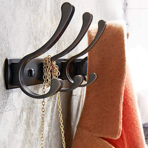 Heavy Duty Wall Mounted Coat Rack Holder To Keep Your Daily Gear Secure With Solid Zinc Alloy Entrance Hooks Rust Proof Black Hat And Umbrella Stand Entryway Staple, three hooks with chains and scarf.