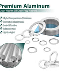 600 Piece Aluminum Crush Washer Set DIN2690, 18 sizes displayed with premium aluminum qualities emphasized