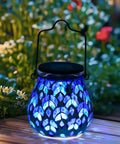 Solar Mosaic Lanterns For Outdoor Lighting with blue glass, auto light up, waterproof garden patio decor on wooden surface, 1 pack