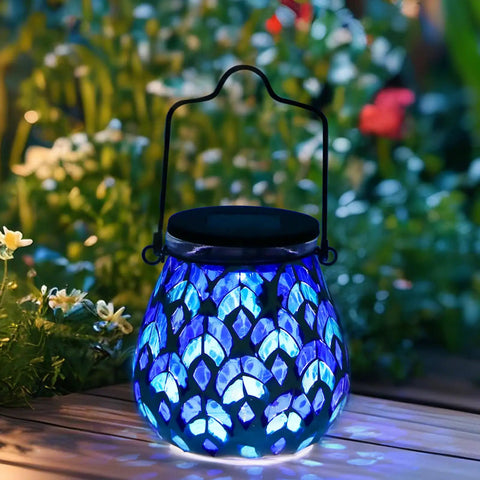 Solar Mosaic Lanterns For Outdoor Lighting with blue glass, auto light up, waterproof garden patio decor on wooden surface, 1 pack