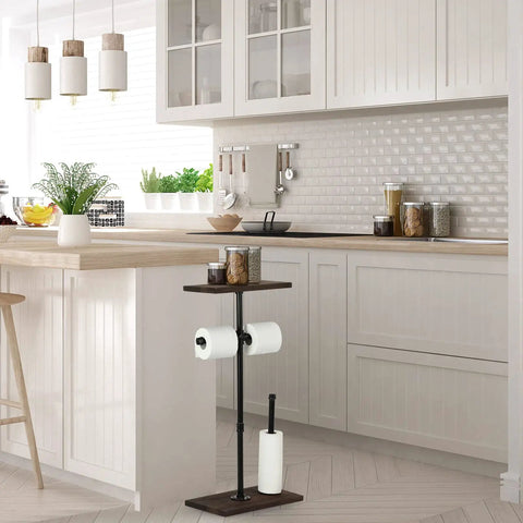 Freestanding Toilet Paper Holder With Shelf And Storage in kitchen with modern white cabinets, dispensing two rolls, storing four.