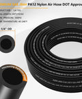 Coiled black nylon air hose with labeled specifications and close-up of 1/4" OD tube material for high-pressure use.