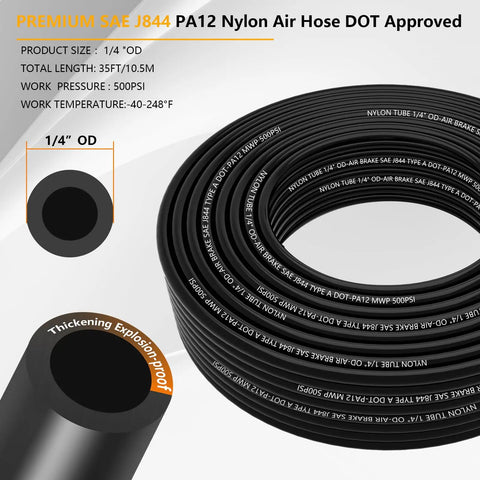 Coiled black nylon air hose with labeled specifications and close-up of 1/4" OD tube material for high-pressure use.