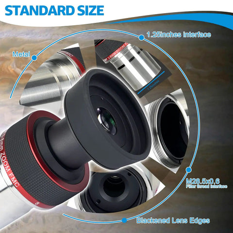 3Mm To 8Mm Zoom Eyepiece For 1.25 Inch Telescopes, Parfocal Design, showing lens details and metal finish