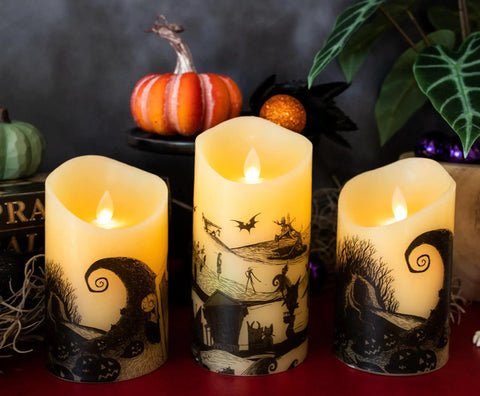 Nightmare Before Christmas LED Flickering Flameless Candles Set Of 3 With Auto Timers For Totally Spooky Halloween Decor, on table.