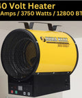 Heavy Duty 240V Electric Forced Air Heater With Wireless Remote Control 12800 BTU portable heater with yellow casing and digital control.