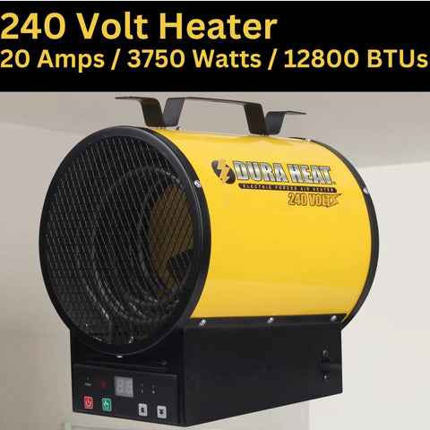 Heavy Duty 240V Electric Forced Air Heater With Wireless Remote Control 12800 BTU portable heater with yellow casing and digital control.