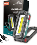1000 Lumens Rechargeable LED Work Light with Magnetic Base and 180 Degree Swivel next to its packaging and USB cable.
