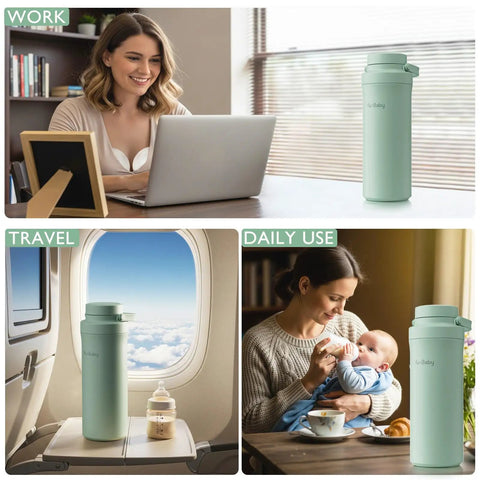 Portable Breast Milk Cooler With Thirty Hour Cooling To Keep Your Fresh Stash Crisp On The Hustle, Travel Proof Nursing Bag Including Two BPA Free Stash Bottles And Pro Grade Ice Pack, Green displayed in various settings including work, travel, and daily use.