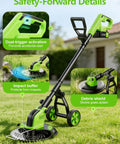 Cordless 800W Brushless Weed Wacker With Wheels 20,000 RPM 12 Inch 4 In 1 String Trimmer features dual-trigger and impact buffer.