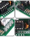ULN2003 driver board for 28BYJ-48 5V stepper motor on green PCB with pin headers, LEDs, and resistors.