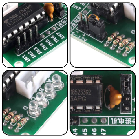 ULN2003 driver board for 28BYJ-48 5V stepper motor on green PCB with pin headers, LEDs, and resistors.