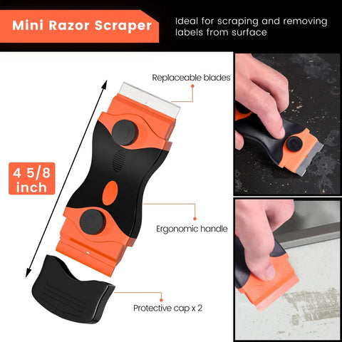 2 Pack Razor Scraper Kit With Long Handle And Mini Dual End Scraper This Handy Tool Makes Quick Work Of Removing Labels Stickers Window Tint And Grease From Windshields Glass And Appliances Includes 20 Metal And 10 Plastic Replacement Blades