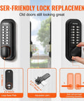 Rugged Mechanical Keyless Entry Lock With 14-Digit Keypad For Outdoor Gates And Garages, displayed on a door with adjustable latch.