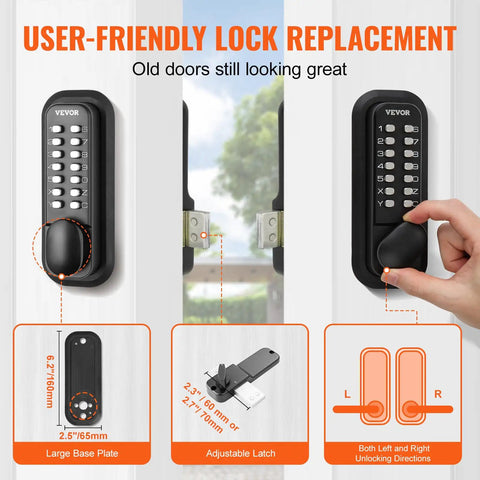 Rugged Mechanical Keyless Entry Lock With 14-Digit Keypad For Outdoor Gates And Garages, displayed on a door with adjustable latch.
