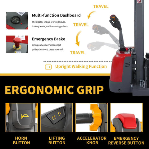 Heavy Duty Electric Pallet Stacker Delivering 3300 Lbs Capacity And 118 Inch Lift Height For Tight Warehouses With No Sweat Maneuvering ergonomic grip features