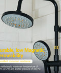 Black metal shower system with round overhead rain head and handheld shower on a vertical rail; two heads visible.