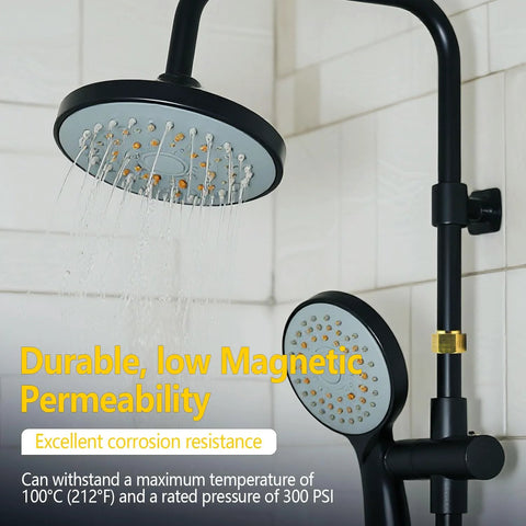 Black metal shower system with round overhead rain head and handheld shower on a vertical rail; two heads visible.