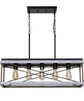 Industrial Farmhouse 5 Light Kitchen Island Pendant In Wood And Metal Dope Linear Chandelier With Antique Gold And Black Finish.