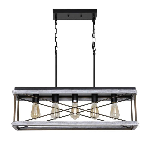 Industrial Farmhouse 5 Light Kitchen Island Pendant In Wood And Metal Dope Linear Chandelier With Antique Gold And Black Finish.