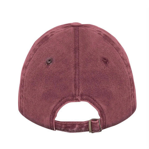 Back view of Vintage Camping RV Camper Truck Hat For Women Funny Saying Adjustable Cap with back strap in wine red.