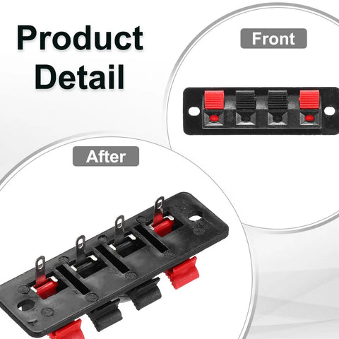Front and side view of 4 Way Spring Terminal Clip Push Release Connector Plate For Speaker Socket And Test Clip WP4-4 5 Piece Pack.