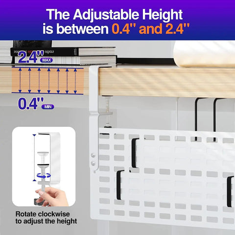 Under Desk Cable Management With Clamp No Drill 16 Inch Desk Cable Organizer shown clamped on a desk with adjustable height guide.