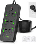 Power Strip With 6 Universal Outlets And 3 USB-C Ports Plus USB-A, 11-Device Charging, 3000W Overload Protection, 110-240V International Power Adapter, Great For Home Office And Travel, Black, coiled cord and wall plug.