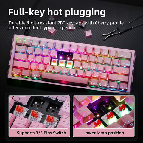 Dope Compact Mechanical Gaming Keyboard With 61 Hot Swappable Keys Offering 17 Flexible RGB Effects To Level Up Your Gameplay And Enjoy Smooth Typing Sessions, showing PBT keycaps and RGB effects.