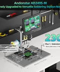Andonstar AD249S-M soldering microscope with 10.1 inch LCD display, extension base, components box, and PCB view