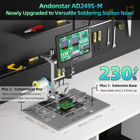Andonstar AD249S-M soldering microscope with 10.1 inch LCD display, extension base, components box, and PCB view