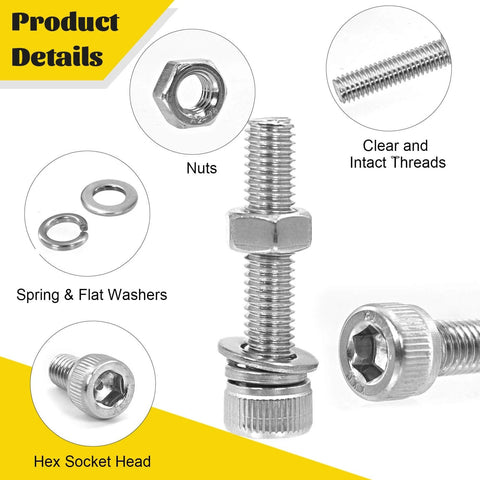 172 Piece M6 Screws And Nuts Kit With Hex Socket Bolts In 8 10 12 16 20 25 30 35Mm 304 Stainless Steel With Nuts Flat Washers And Lock Washers