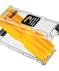 Transparent case for 14-Piece T-Shank Jigsaw Blade Set with yellow organizers, compatible with Bosch and major brands.