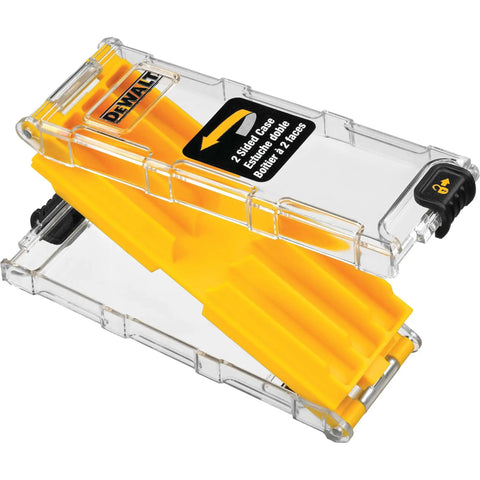 Transparent case for 14-Piece T-Shank Jigsaw Blade Set with yellow organizers, compatible with Bosch and major brands.