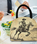 Skeleton Horse Desert Vintage Insulated Lunch Bag with cowboy print on a table with salad and laptop, easy carry handle.