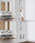 Height Adjustable Folding Shower Seat Wall Mounted With Legs in use and folded; easy install, senior safe, white, no slip, 6 gear height settings.