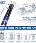 All In One Rivet Nut Tool Kit With 430 Pcs Metric Rivnuts Five Size Assortment M3 M4 M5 M6 M8 Hand Nutsert Tool Carbon Steel Rivet Nut Kit For Automotive Marine And Home Improvement with rivet nut gun and assorted sizes displayed.