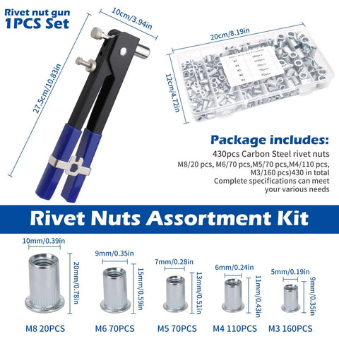 All In One Rivet Nut Tool Kit With 430 Pcs Metric Rivnuts Five Size Assortment M3 M4 M5 M6 M8 Hand Nutsert Tool Carbon Steel Rivet Nut Kit For Automotive Marine And Home Improvement with rivet nut gun and assorted sizes displayed.
