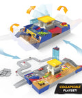 Collapsible Racetrack Playset With 6 Mini Cars, 84-Piece Track Kit showing transformation from auto shop to racetrack