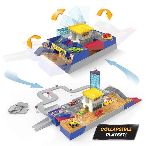 Collapsible Racetrack Playset With 6 Mini Cars, 84-Piece Track Kit showing transformation from auto shop to racetrack