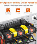Power Tool Organizer With 10 Outlet Power Strip Four Tier Wall Mount Drill Holder And Charging Station Stores 4 Drills On Bottom Shelf With Batteries And Chargers On Upper Levels For Your Garage Or Shop Black