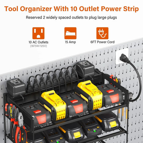 Power Tool Organizer With 10 Outlet Power Strip Four Tier Wall Mount Drill Holder And Charging Station Stores 4 Drills On Bottom Shelf With Batteries And Chargers On Upper Levels For Your Garage Or Shop Black