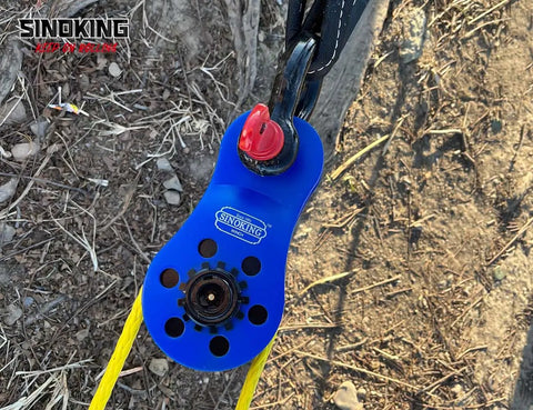 Universal Fit Snatch Block 22,000 Lb Load For Winches, Heavy Duty Rope Pulley With 3/8 To 1/2 Inch Rope, Angled Pull Helper, Grease Fitting, Blue Textured Coating, attached to winch line
