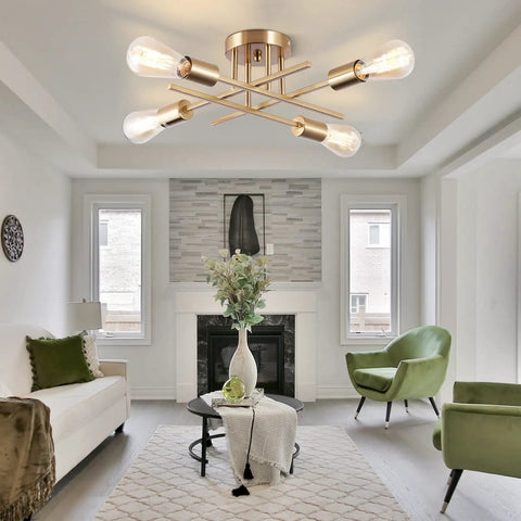 Six Light Sputnik Ceiling Chandelier Dope Modern Semi Flush Mount With E26 Base Brass Finish Industrial Farmhouse Style For Kitchen Bedroom Living Room Light Fixture in a living room.