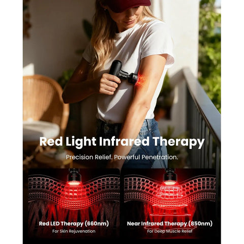 Woman using Q2 Ultra Mini Massage Gun With Red Light Infrared Heat Head Pocket Sized Percussion Massager For Deep Tissue Muscle Therapy And Pain Relief Portable HSA FSA Eligible on arm.