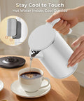 Fast Boil Electric Kettle With 1.0L Capacity 1200W 7 Temperature Settings being used to pour water into a coffee cup, demonstrating cool touch feature.