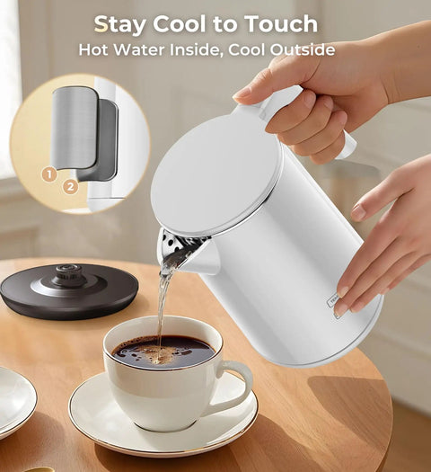 Fast Boil Electric Kettle With 1.0L Capacity 1200W 7 Temperature Settings being used to pour water into a coffee cup, demonstrating cool touch feature.