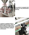 No Sweat Desktop Fully Automatic Double Head Paste Filling Machine For Viscous Sauces And Syrups With 10 To 100 Ml Capacity showing adjustable guardrail knob and cleaning buckles.